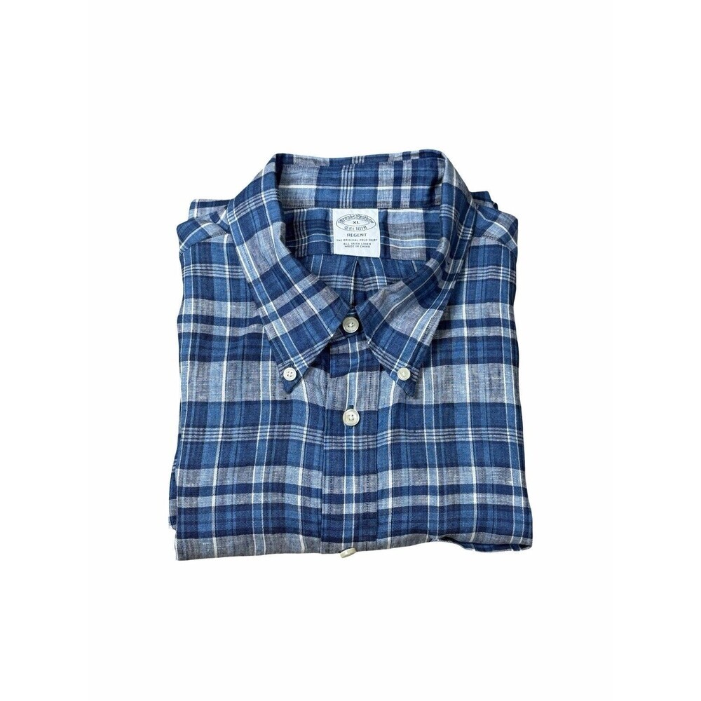 Brooks Brothers Men's XL Linen Plaid Button-Down Shirt Blue Green Brown White - Picture 2 of 8